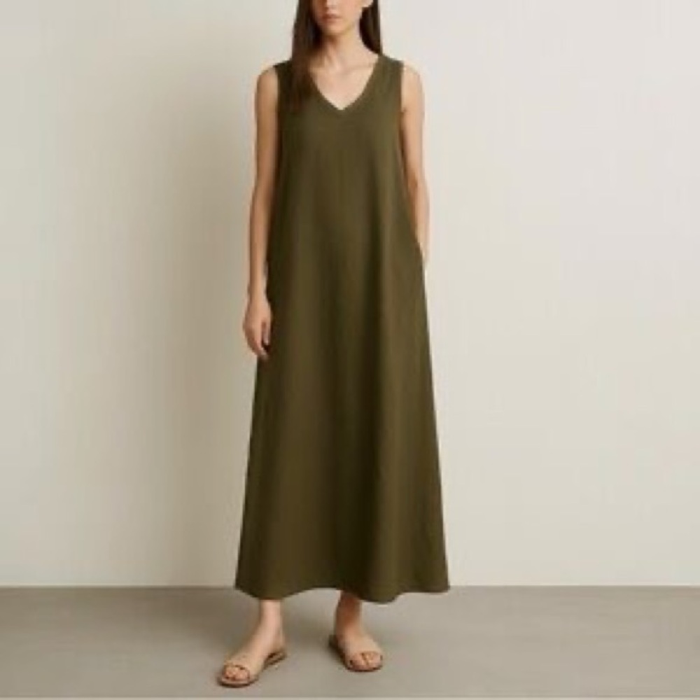 Flax Olive Green V-Neck Sleeveless Maxi Dress